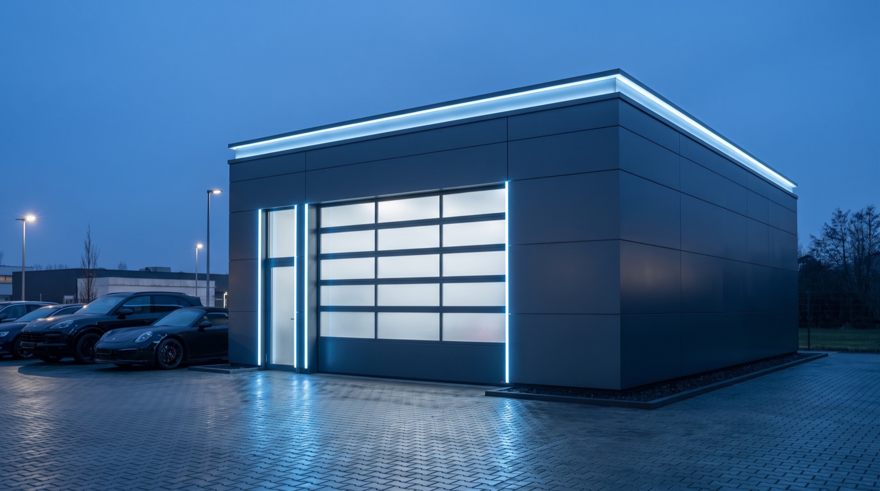 Exterior of the CoolFlow shop building lit in cool blue accent lighting at dusk