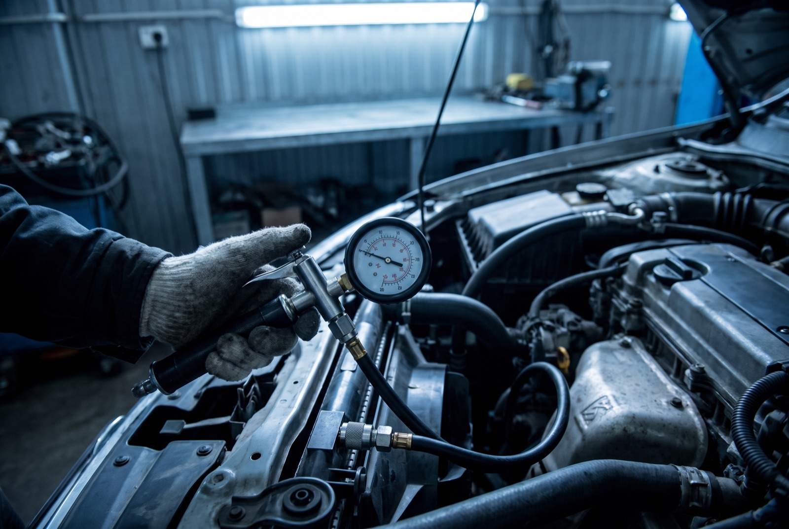 Cooling system pressure-test gauge attached to a radiator cap fitting